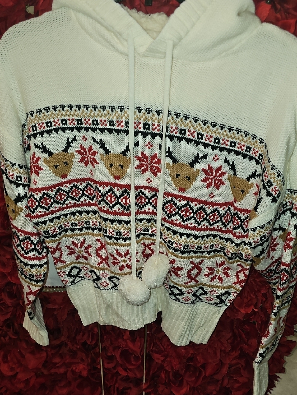 No Boundaries Juniors Cream Holiday Reindeer Fair Isle Hoodie Sweater Size 7-9